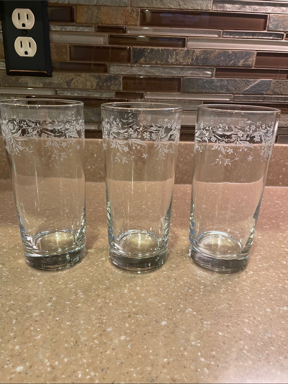 Vintage Etched Floral 6 1/4” Clear Highball/Iced Tea Glasses withSet of 3